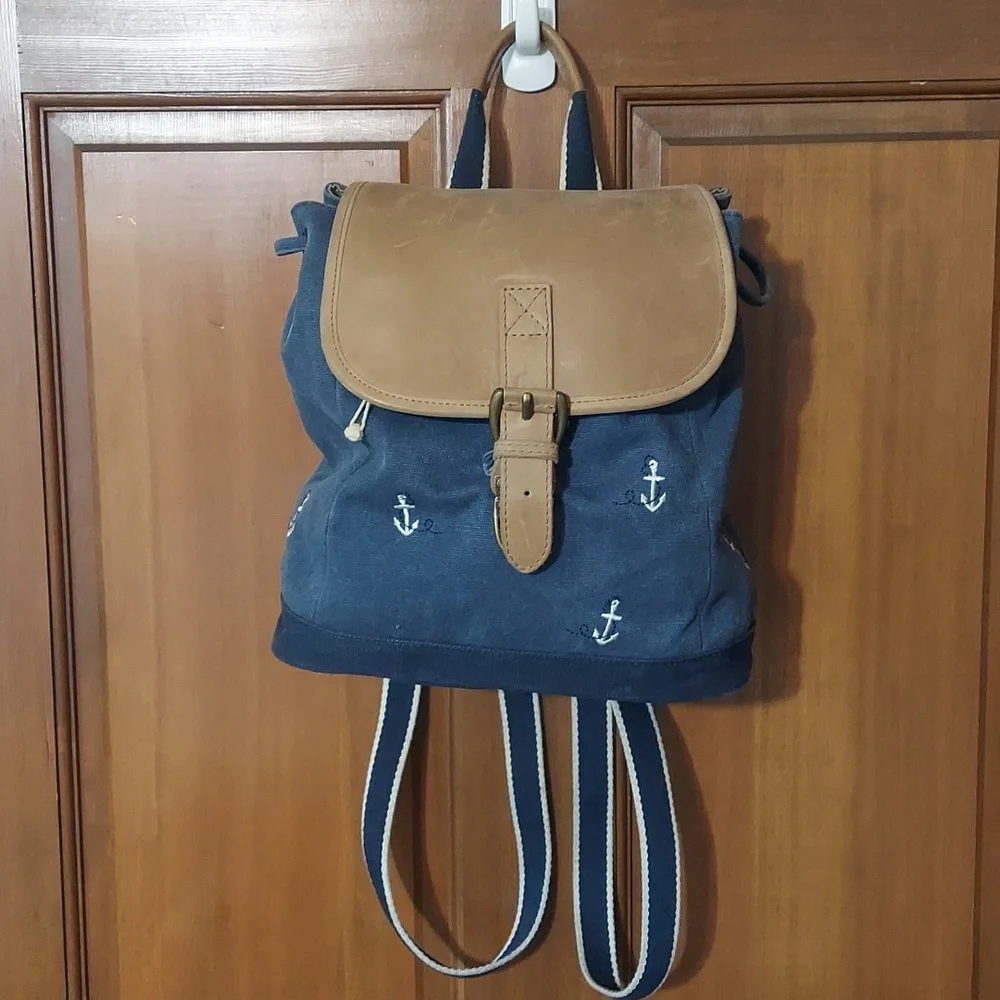 L.L. Bean Vintage Canvas & Leather Backpack Small Anchor Pattern Nautical Boho - Picture 2 of 13